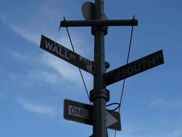 Street sign pointing towards Wall Street and South Street in New York City.