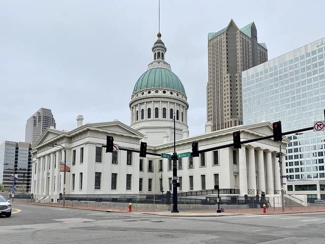 Old St. Louis County Courthouse, a historic white building with a green dome, in St. Louis, Missouri.