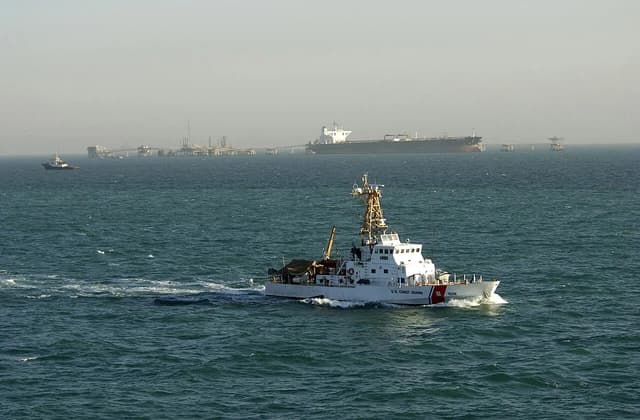 US Coast Guard cutter Monomoy patrolling waters surrounding the Al Basrah Oil Terminal in the Persian Gulf.