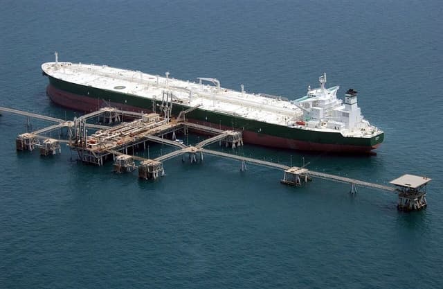 Aerial view of the oil tanker Abqaiq docked at a marine oil terminal.
