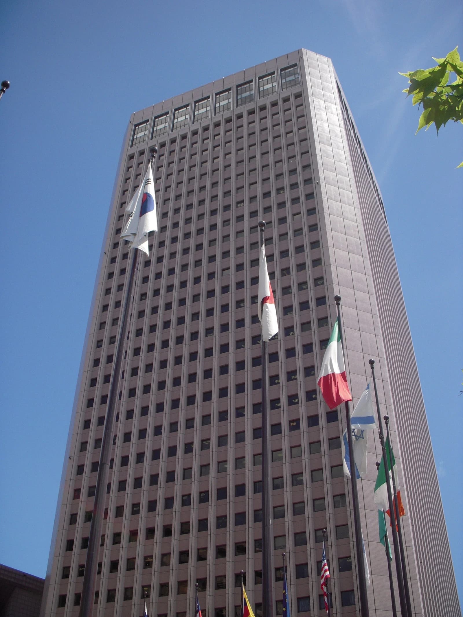 Taipei World Trade Center International Trade Building exterior with various national flags.
