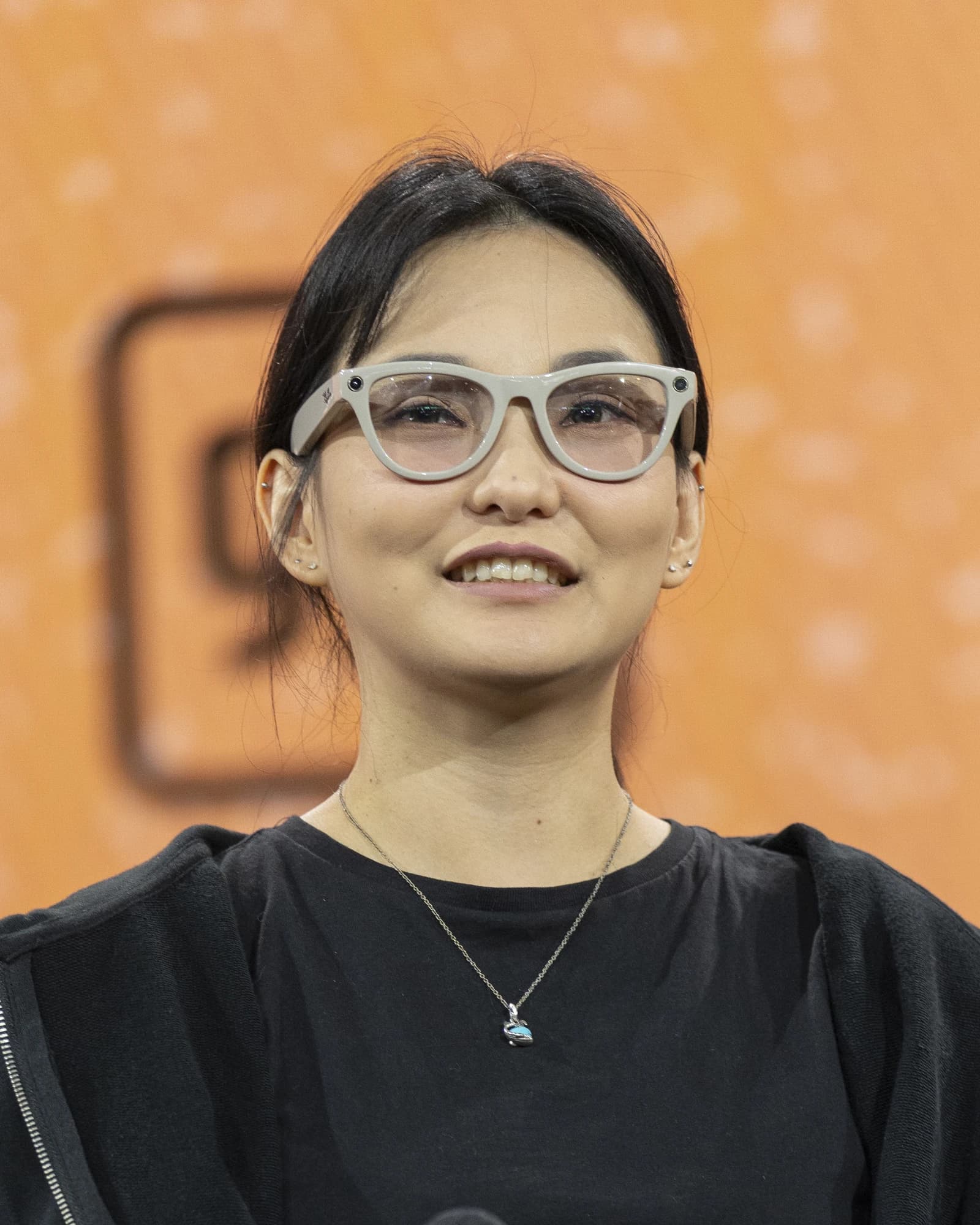 Youna Kang wearing Ray-Ban Meta smart glasses.