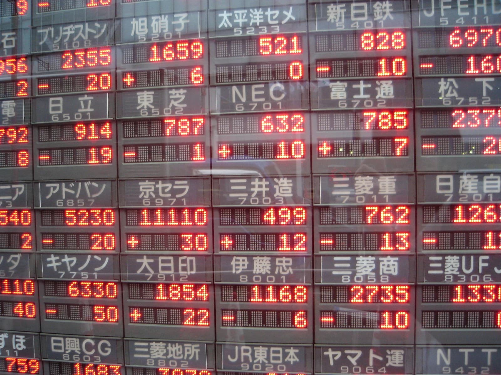 Electronic stock board showing company names like Toshiba, Hitachi, and Mitsubishi with their stock prices.