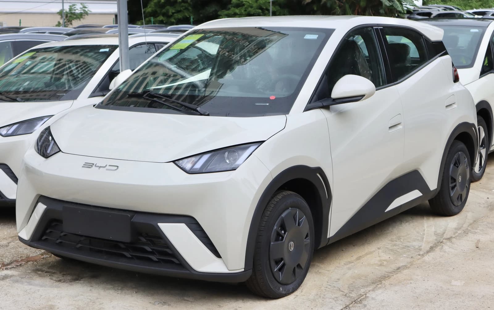 A white BYD Seagull electric car parked in an outdoor lot.