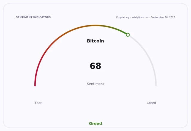 Bitcoin sentiment gauge dial shows a reading of 68, indicating 'Greed'.