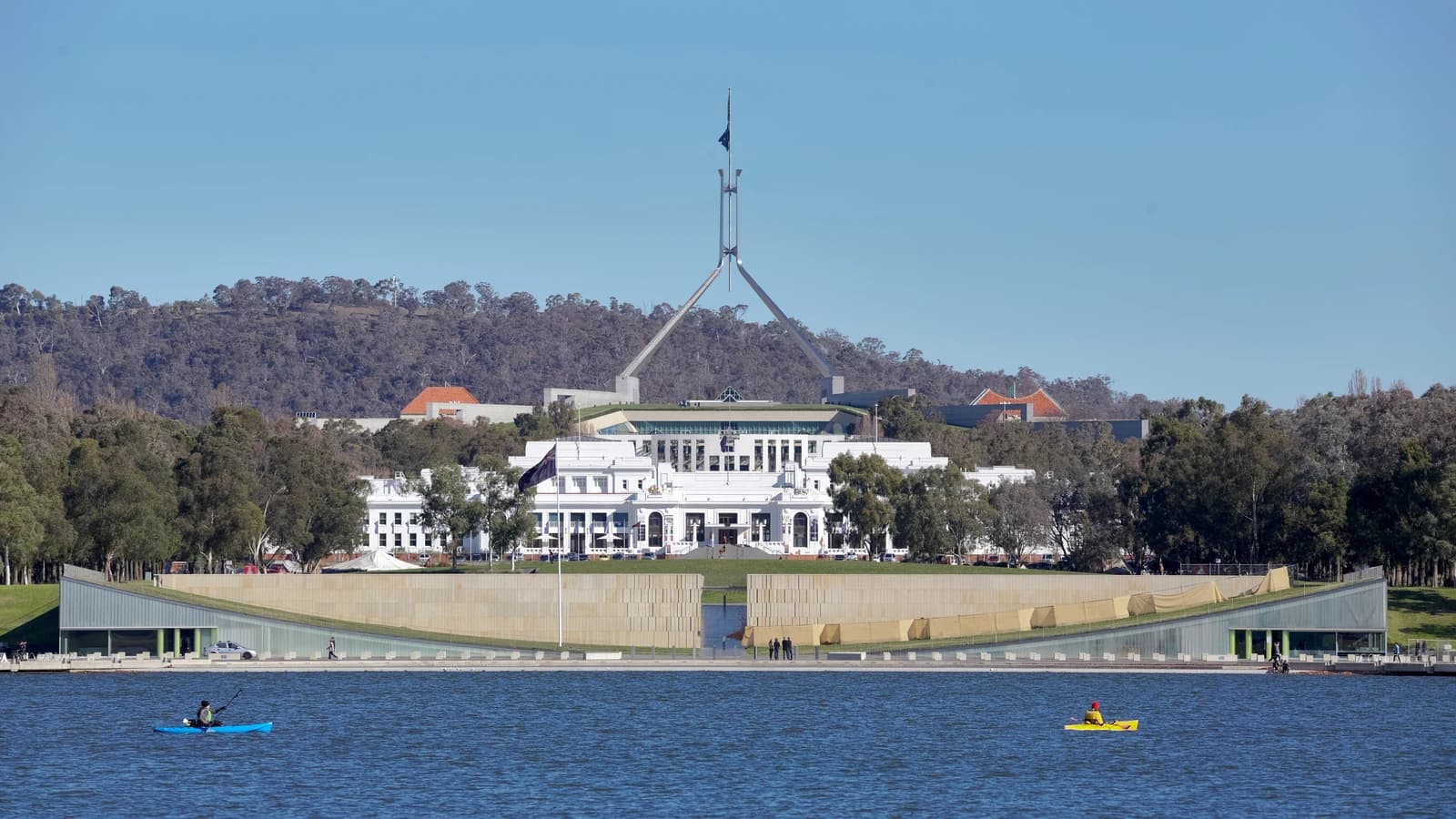 Old Parliament House and new Parliament House on Capitol Hill, Canberra, Australia.