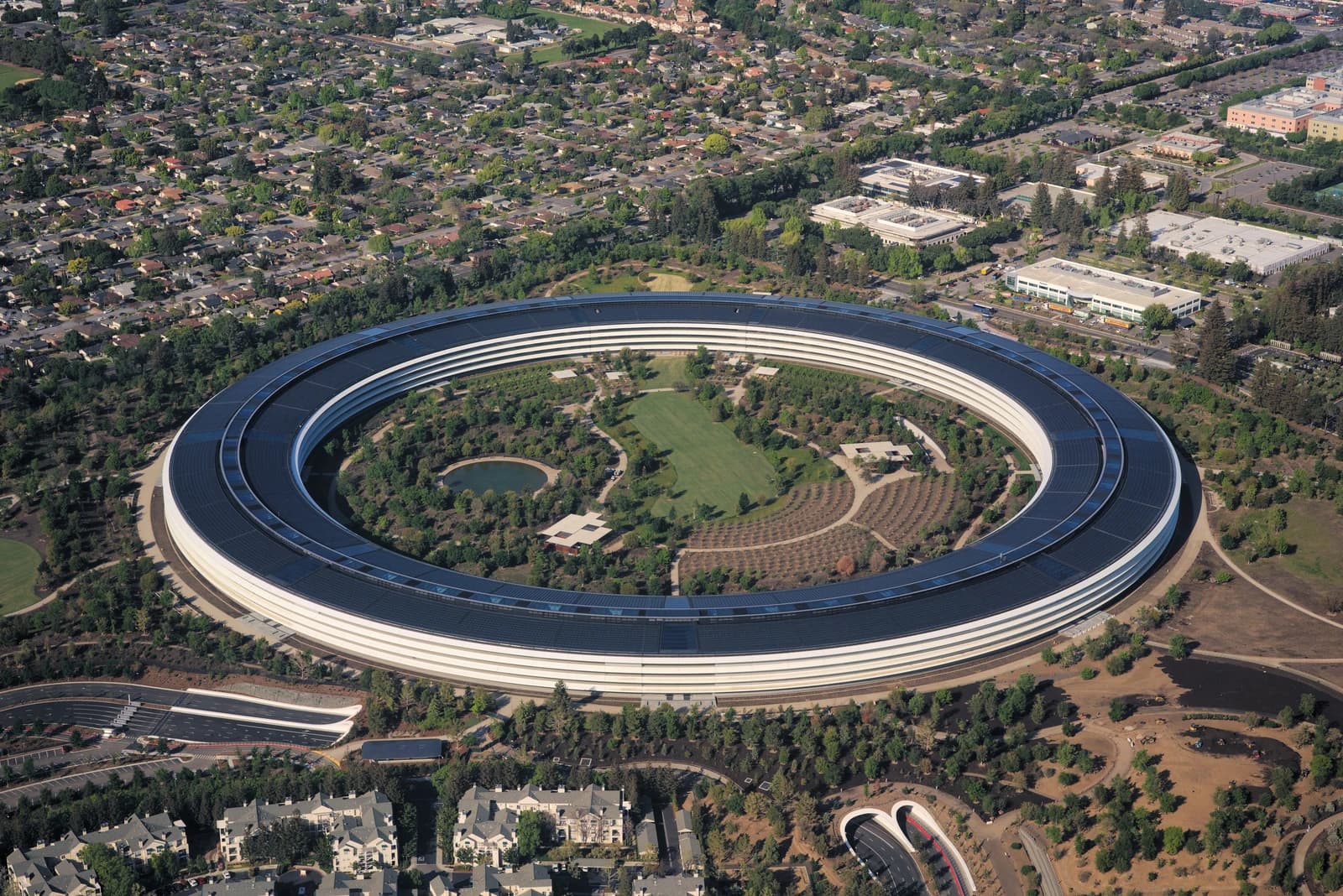 Aerial view of Apple Park, headquarters of Apple Inc. in California.