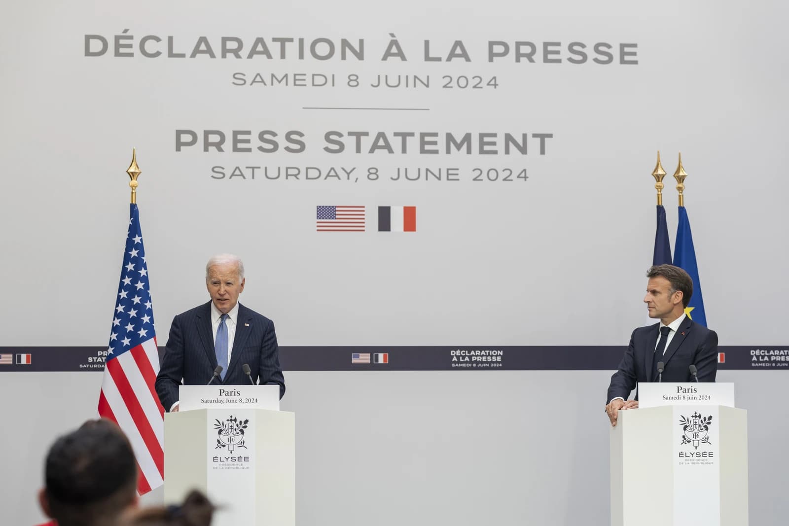 US President Joe Biden and French President Emmanuel Macron speak at a press conference in Paris.