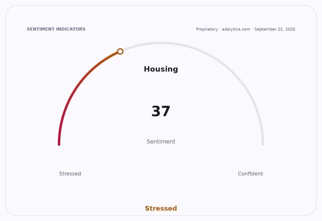 Housing sentiment gauge dial showing a reading of 37, indicating 'Stressed' conditions.