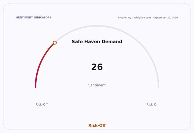 A sentiment gauge dial showing Safe Haven Demand at 26, deeply in the Risk-Off zone.