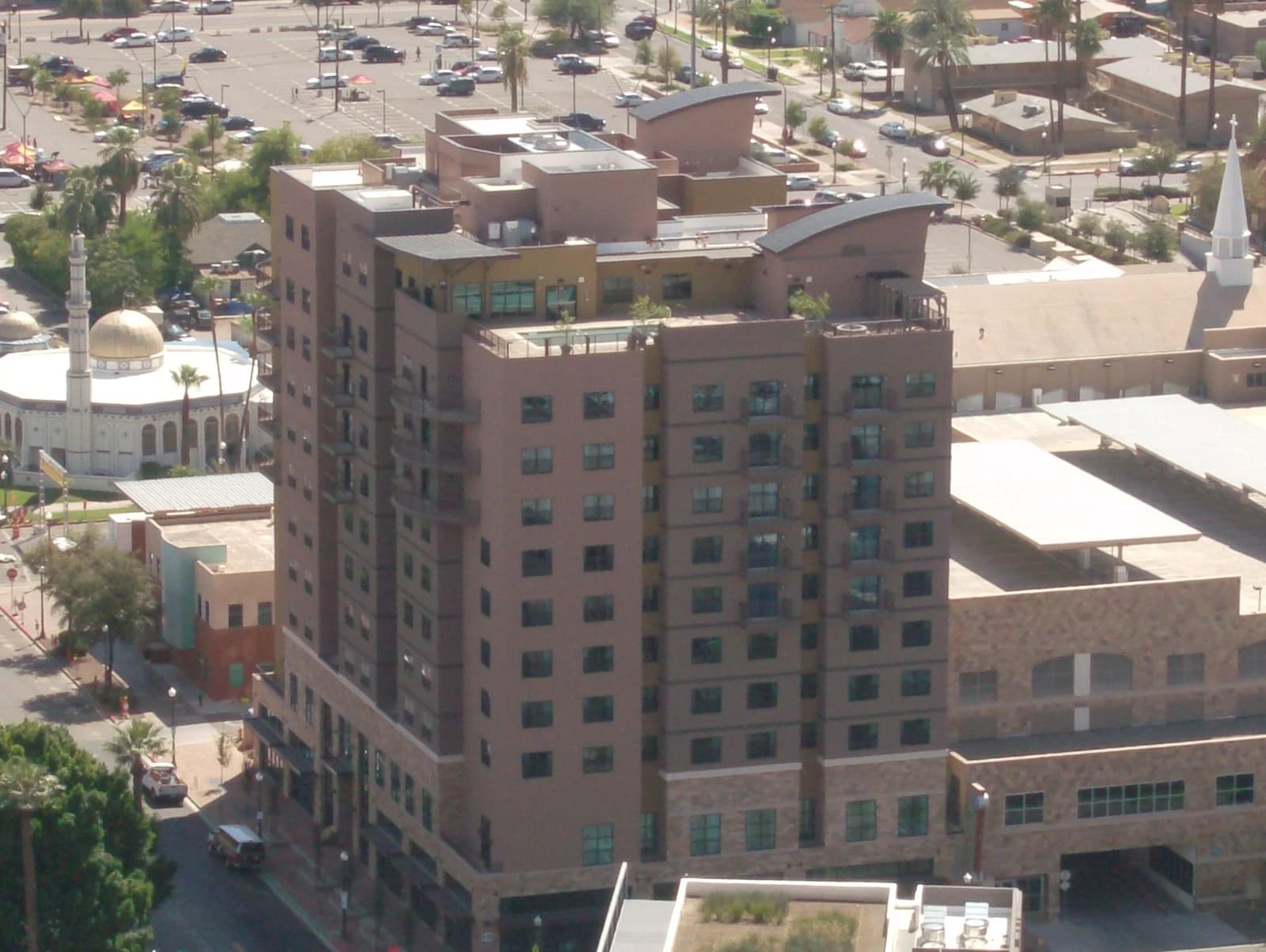Aerial view of the multi-story Residence Inn Tempe Downtown University building and surrounding area.