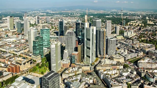 Aerial view of Frankfurt am Main's central business district skyline.