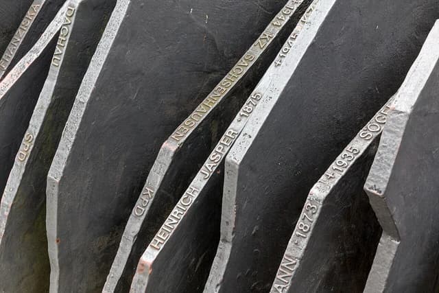Close-up of names and dates on the Memorial for 96 Reichstag Members in Berlin.