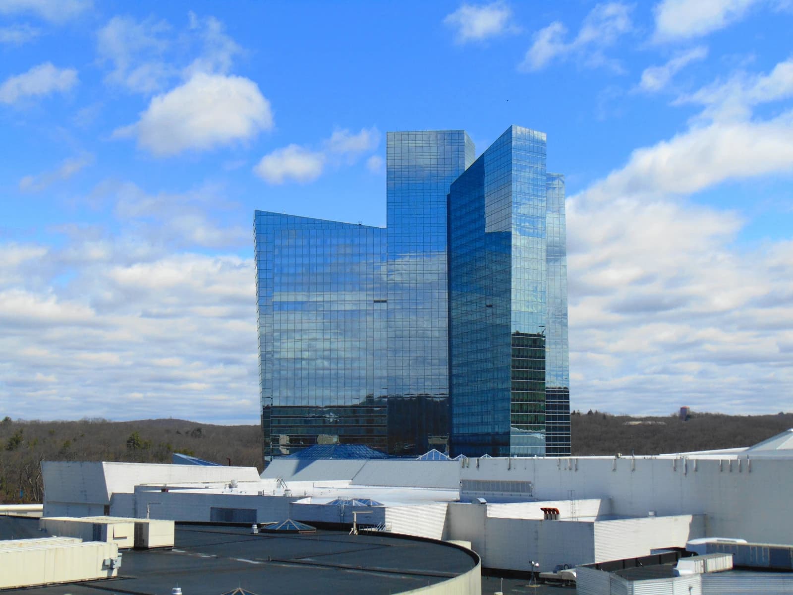 Exterior view of the glass-clad Sky Tower at Mohegan Sun.