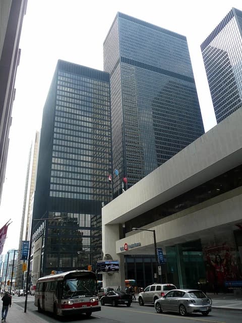 Toronto-Dominion Centre, a complex of skyscrapers, seen from a street level perspective.