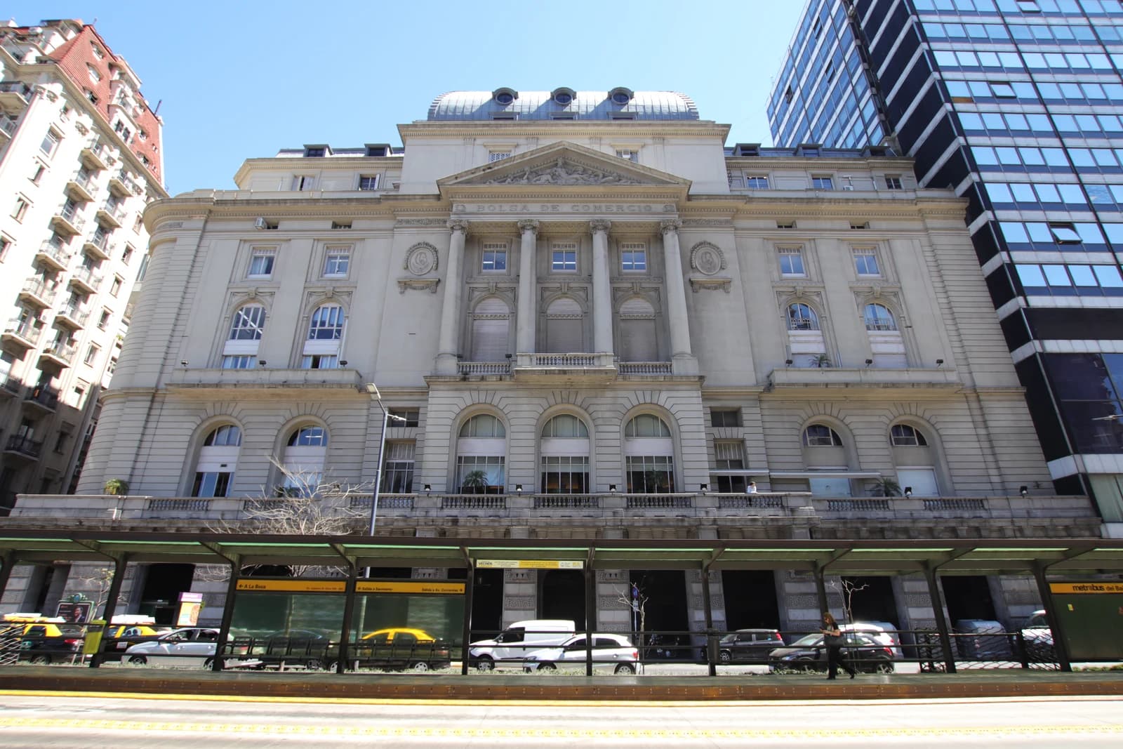 Exterior view of the Bolsa de Comercio building in Buenos Aires, Argentina.