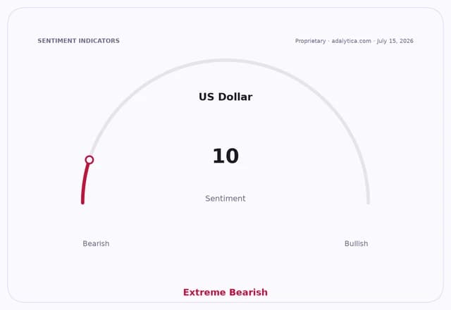 US Dollar sentiment gauge at 10, positioned at the extreme bearish end.