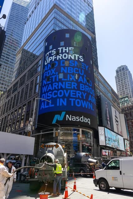 Nasdaq MarketSite building in Times Square, New York City, with large video displays.