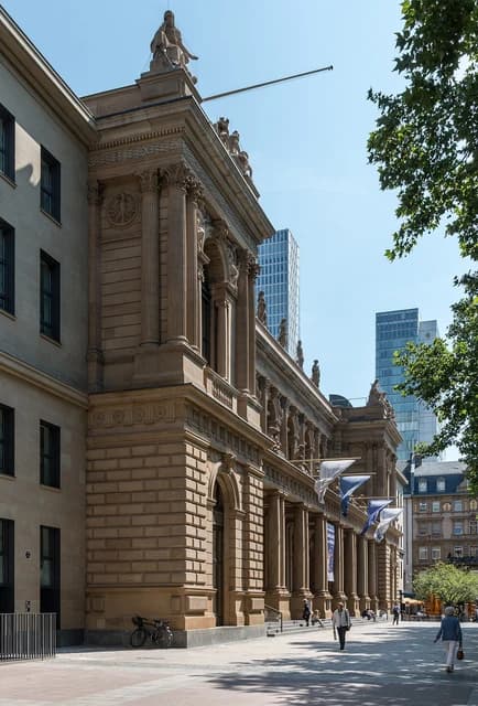 Frankfurt Stock Exchange building facade and surrounding street on a sunny day.
