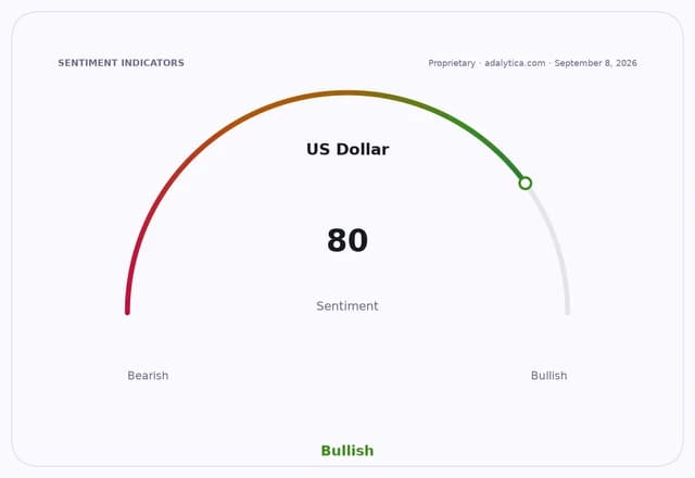 A gauge dial showing US Dollar sentiment at 80, indicating a bullish outlook.