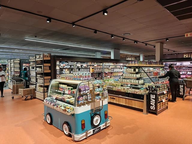 Shoppers and staff members in a brightly lit dairy aisle of a South African supermarket.