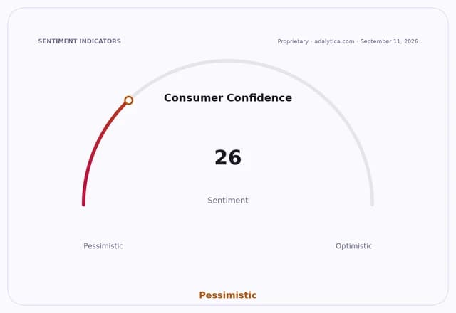 Consumer Confidence dial shows sentiment at 26, indicating a pessimistic outlook.