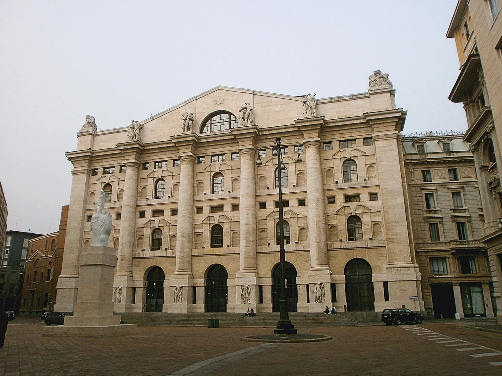 Palazzo Mezzanotte, the Italian stock exchange building, stands on Piazza Affari in Milan, Italy.
