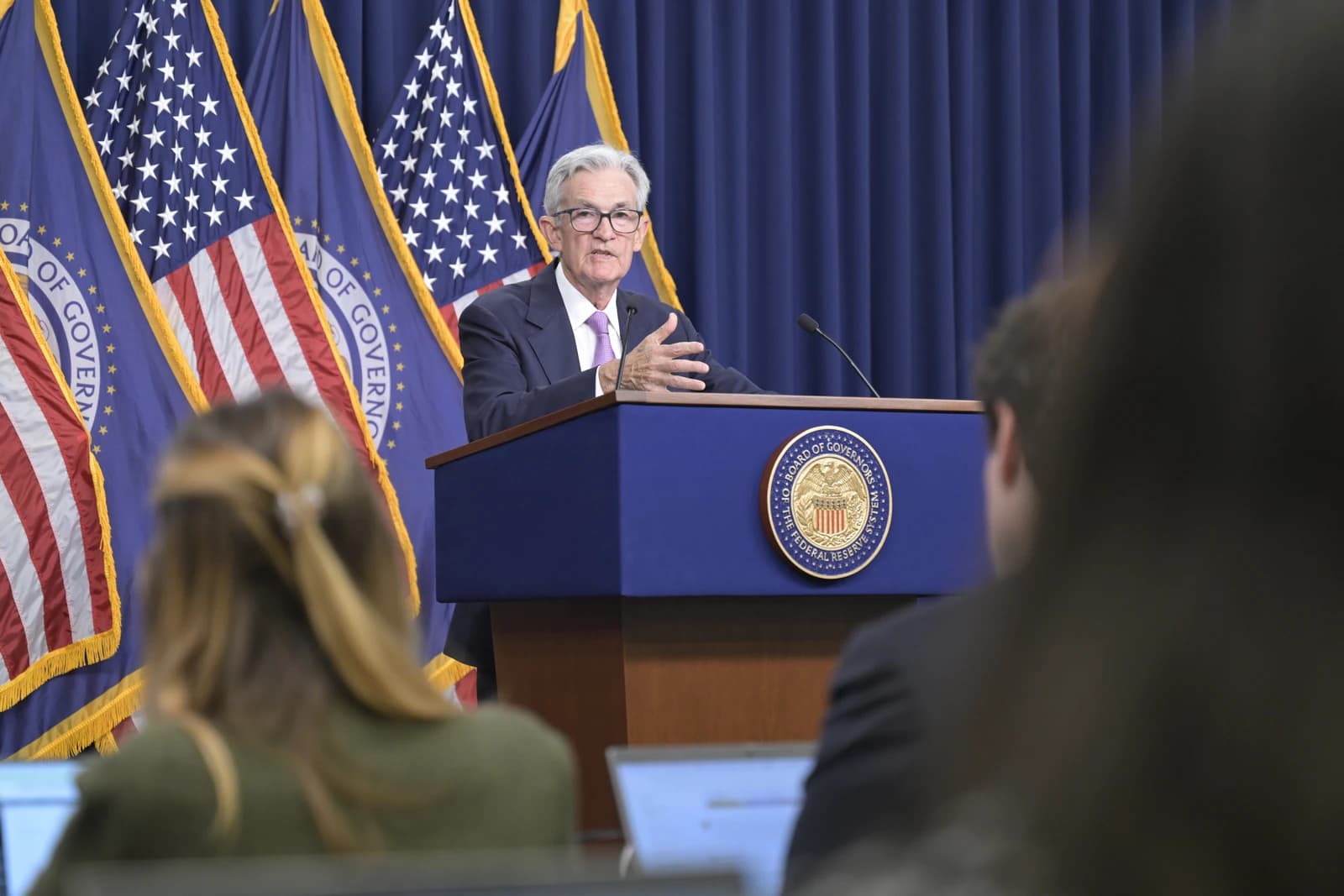 Jerome Powell, Chairman of the Federal Reserve, speaking at a press conference.