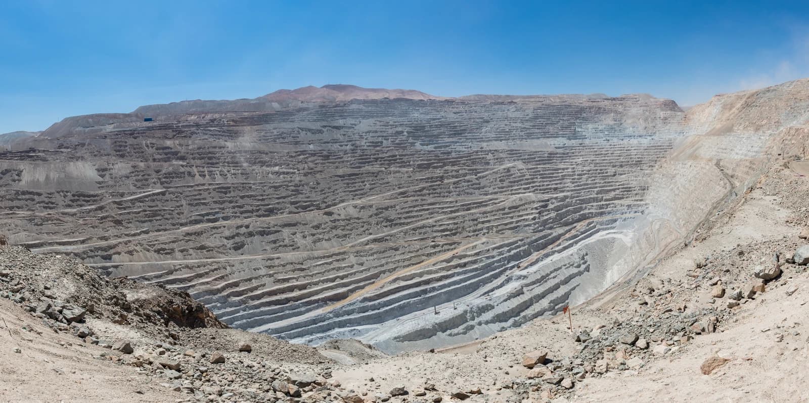 An enormous open-pit copper mine with multiple terraced levels under a clear sky.