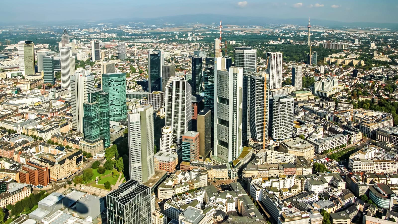 Aerial panoramic view of the central business district of Frankfurt am Main.