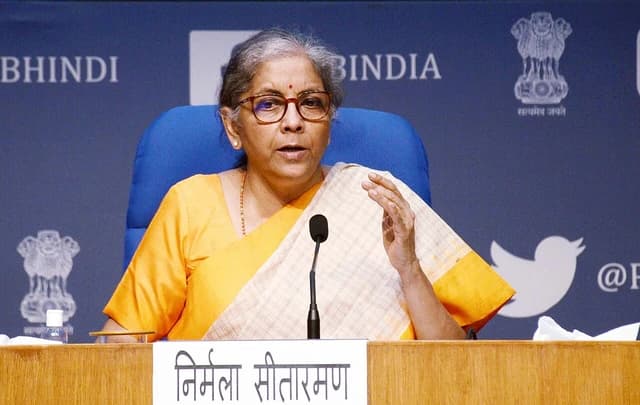 Nirmala Sitharaman, Union Minister for Finance, speaking at a press conference.