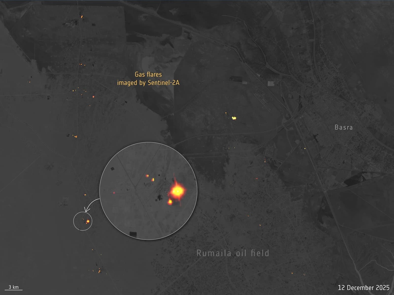 Satellite image of gas flares at the Rumaila oil field near Basra, Iraq.