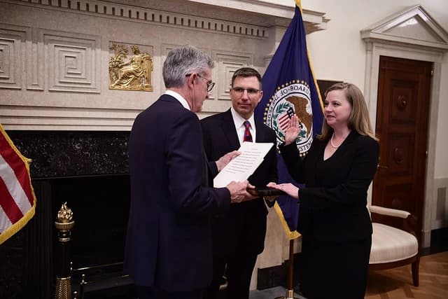 Jerome Powell, Federal Reserve Chair, administers oath to Michelle Bowman.