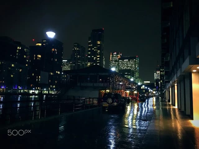 Financial skyscrapers and reflections on wet pavement in London's financial district at night.
