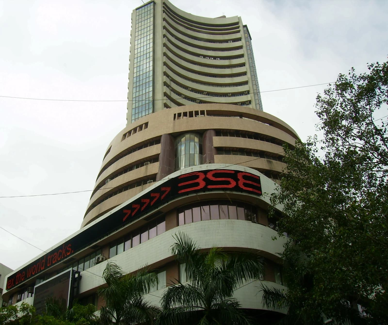 The Bombay Stock Exchange building with 'BSE' displayed in large red letters on its facade.