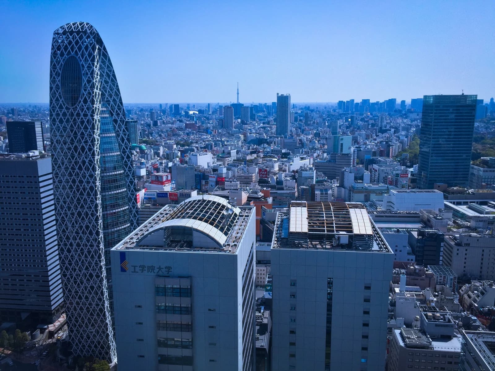 Skyscrapers and buildings in Shinjuku, Tokyo, including the distinctive Mode Gakuen Cocoon Tower.