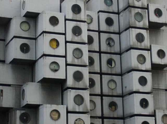 Exterior view of a capsule hotel in Tokyo, Japan.