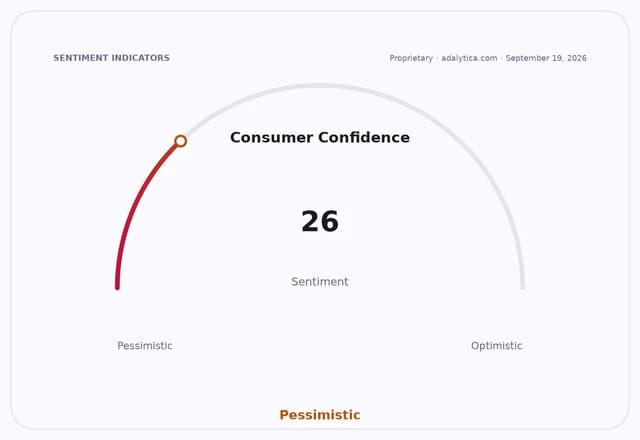 A sentiment gauge dial showing Consumer Confidence at 26, in the Pessimistic range.