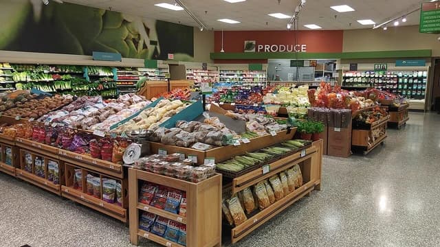 Produce section in a Publix supermarket with various fruits, vegetables, and 'organic' signs.