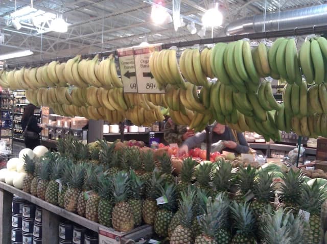 Organic and conventional bananas hanging above pineapples in a grocery store produce section.