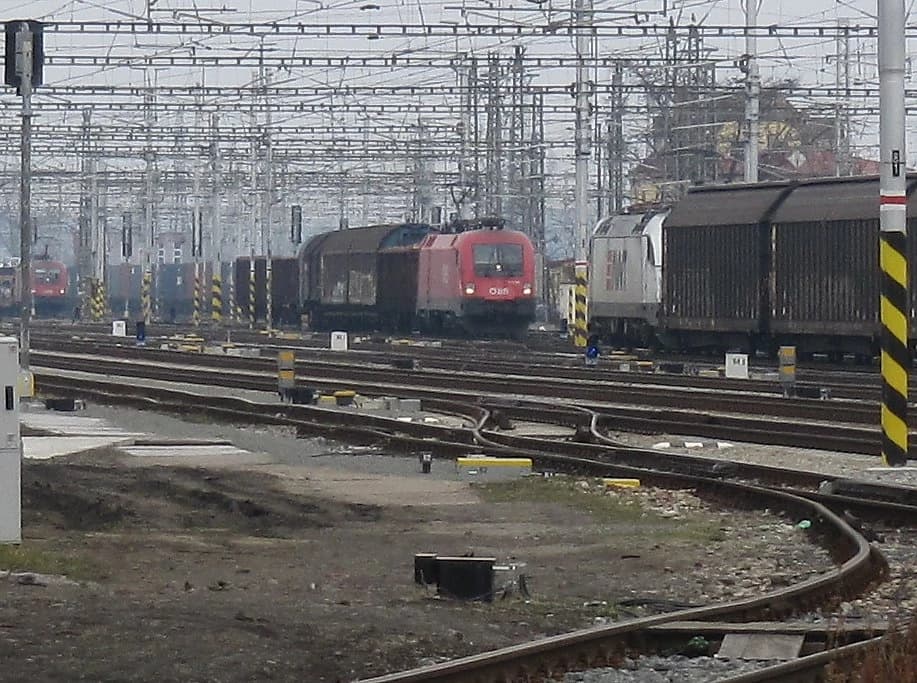 Freight trains with various wagons on multiple tracks at Breclav Station.