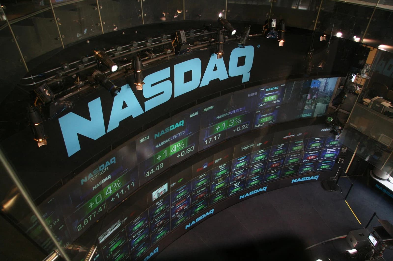 An overhead view of the NASDAQ stock market display showing market data.