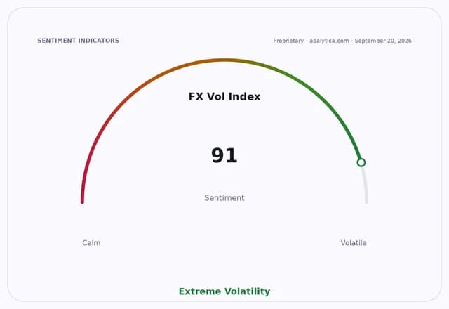 FX Vol Index sentiment gauge dial showing extreme volatility at 91.