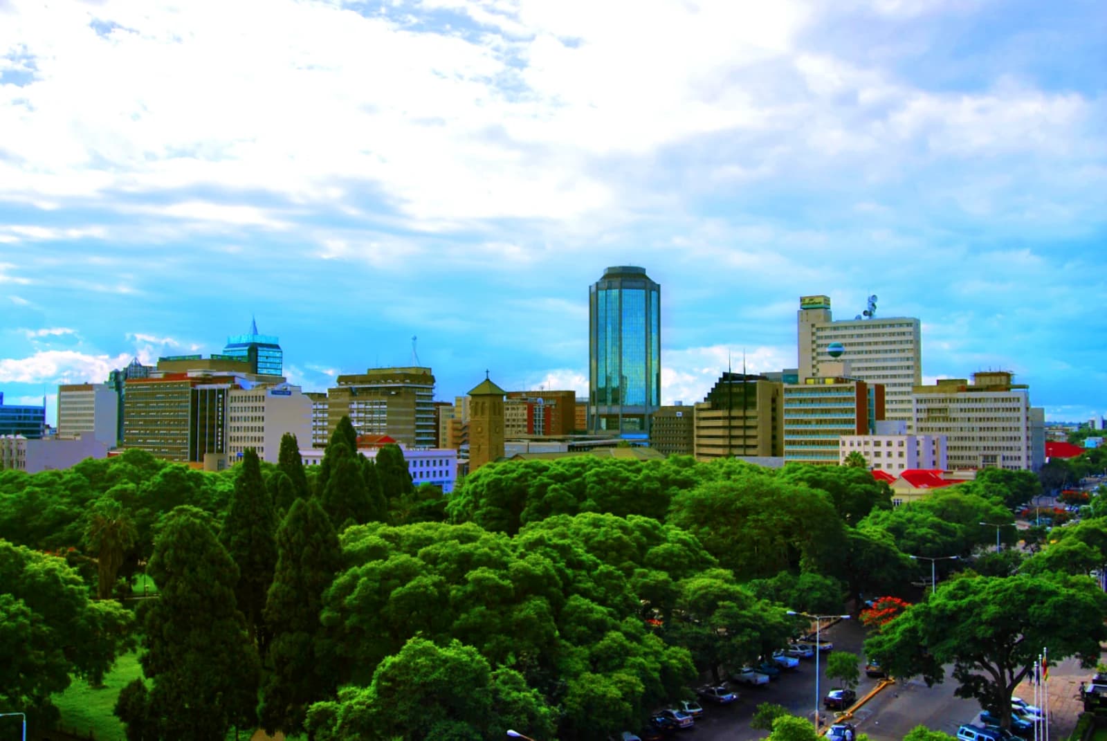 Skyline of Harare, Zimbabwe, with the Reserve Bank of Zimbabwe building visible.