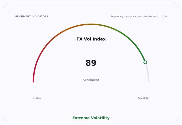 FX Volatility Index sentiment gauge showing a reading of 89, indicating extreme volatility.