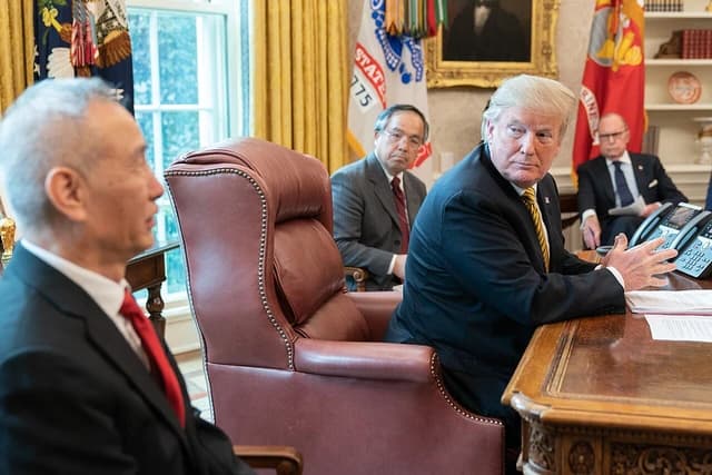 Donald Trump, President of the United States, speaks at a meeting in the Oval Office.