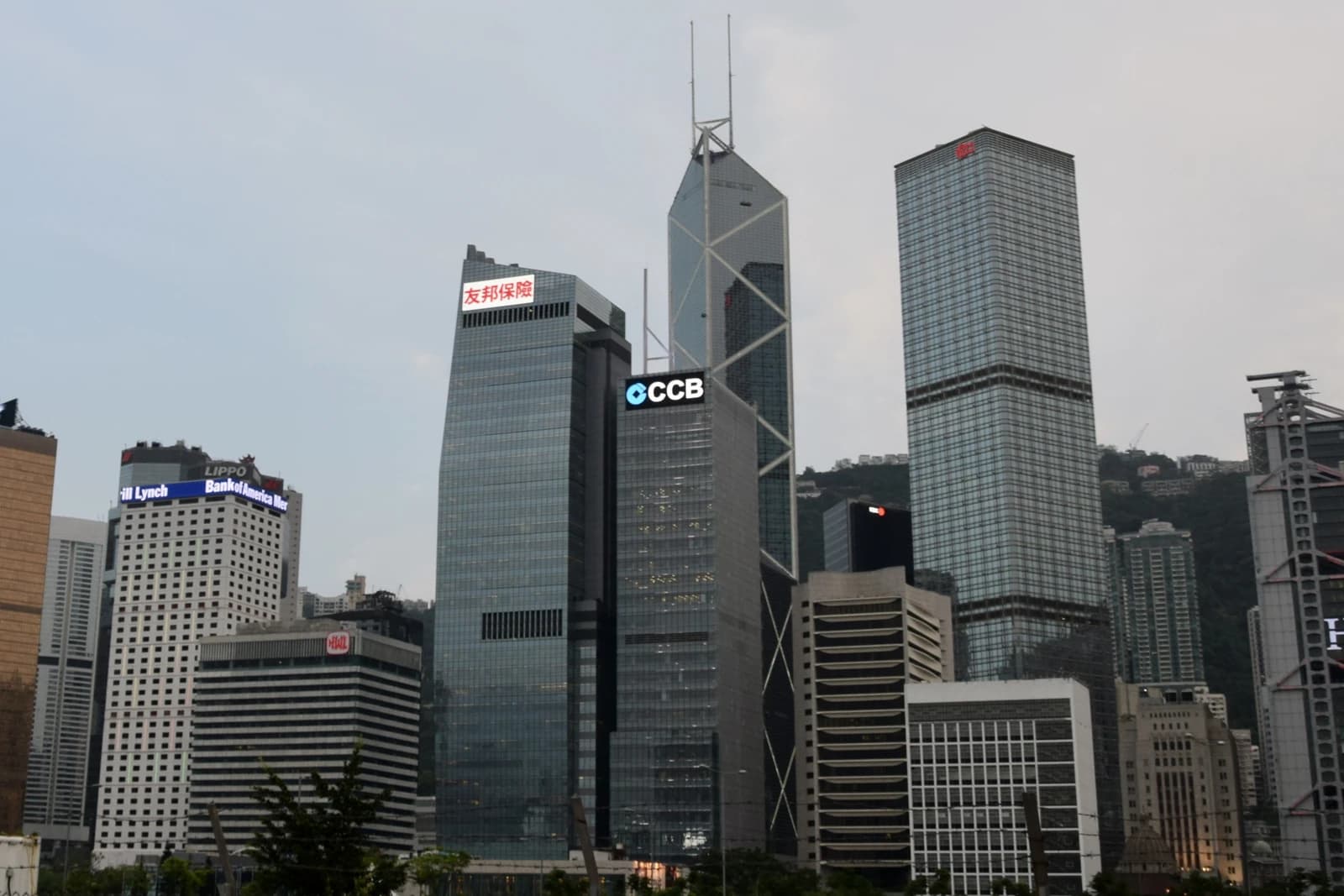Skyscrapers of AIA, Bank of America Merrill Lynch, and CCB in Central, Hong Kong.