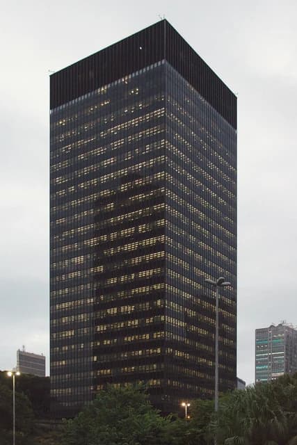 Exterior of the BNDES building, a tall dark high-rise, under a cloudy sky.