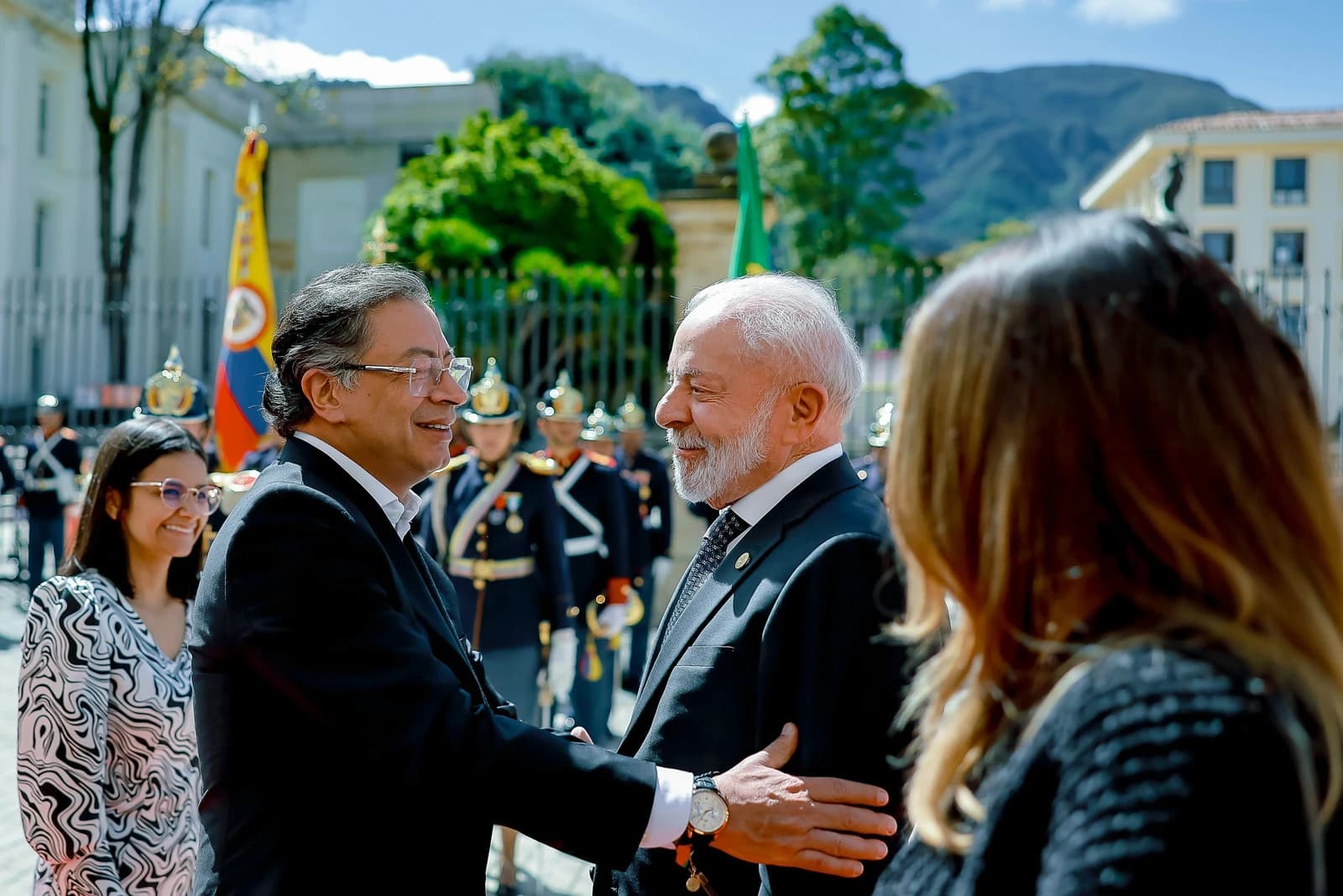 Luiz Inácio Lula da Silva, President of Brazil, and Gustavo Petro, President of Colombia, greet each other.