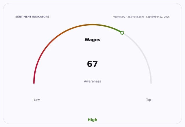 A gauge dial indicating 'Wages Awareness' is at 67, pointing towards the 'High' range.